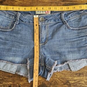 Vtg Y2K 90s Mini Low Rise PARIS BLUES Jean Shorts Junior 11 Stretch Raw Hem Fade